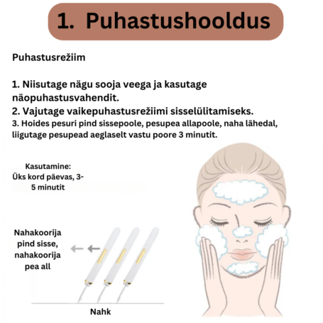 Step 1 Cleaning care Cleaning Mode (Pair with cleansing milk) 1. Wet the face with warm water, use facial cleanser, and pat the foam. 2. Press to switch on, the default cleaning mode. 3. With the (2)