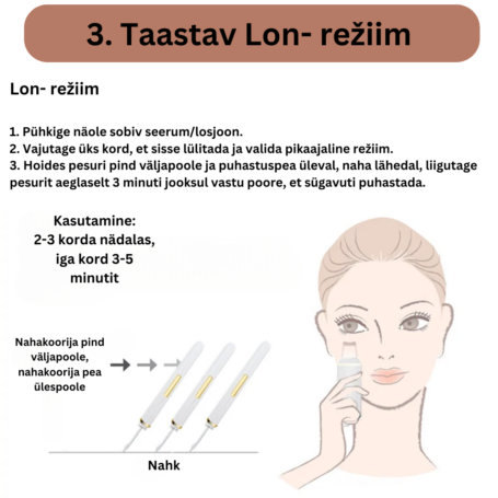 Step 3 nutrition introduction Lon Mode (Match with essencelotionmask) 1. Wipe the appropriate serum lotion on the face. 2. Press once to switch on and select the Lon- mode. 3. With the scrubber s (4)